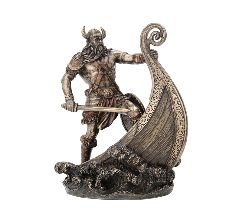 Norse Viking Warrior Statue, Vikings & Ships Statues, Norse Viking Warrior Standing on Long Ship Statue