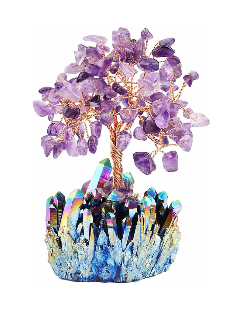 Crystal Bonsai Tree of Life Statue, Nature, Trees & Symbolic Statues, Amethyst Crystal Bonsai “Tree of Life with Rainbow Titanium Crystals” Statue