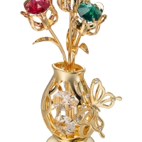 24k Gold Plated Flowers Bouquet Vase Statue, Vases, Nature & Flowers Statues, 24k Gold Plated Flowers Bouquet Vase "with Colorful Crystals Butterfly" Statue